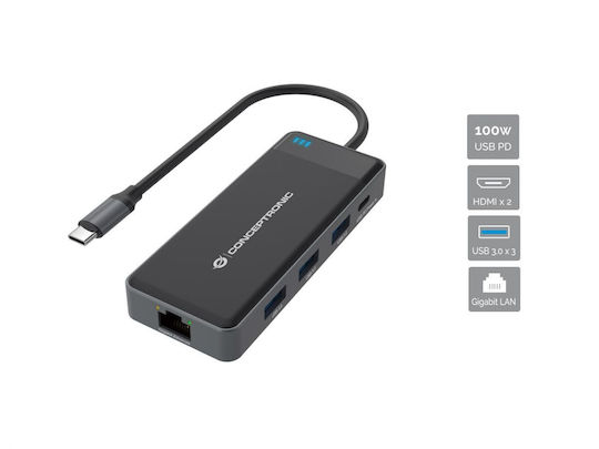 Conceptronic USB-C Docking Station με HDMI 4K PD Ethernet και συνδεση 2 Οθονών Μαύρο (DONN14G)