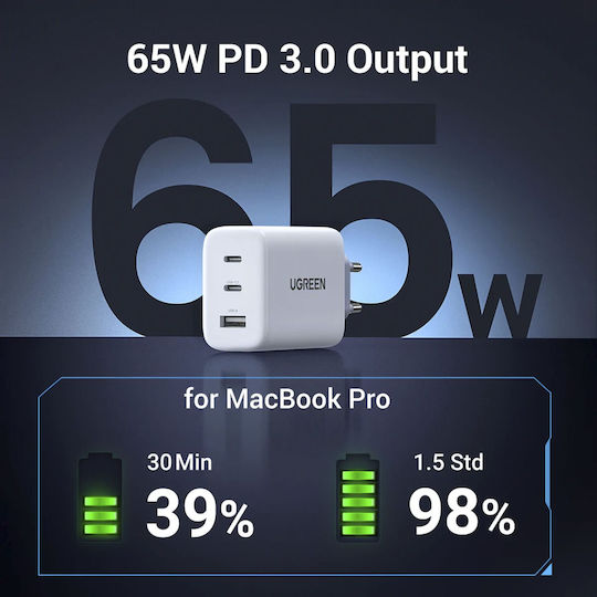 Ugreen Charger Without Cable GaN with USB-A Port and 2 USB-C Ports 65W Power Delivery Whites (CD275)