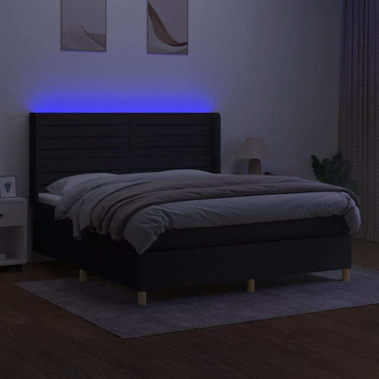 Bed Queen Upholstered with Fabric Black with Slats & Mattress 160x200cm