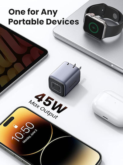 Ugreen Φορτιστής Χωρίς Καλώδιο GaN με 2 Θύρες USB-C 45W Power Delivery Space Gray (Nexode CD294)
