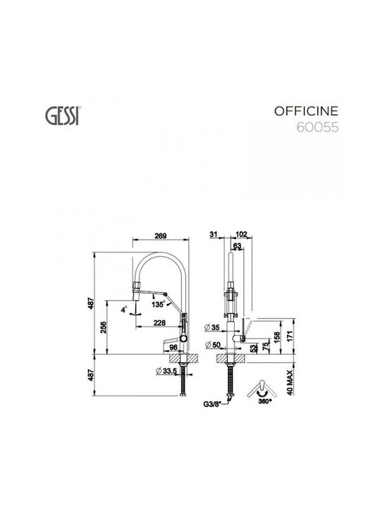 Gessi Officine Σπαστή Μπαταρία Κουζίνας Πάγκου με Ντουζ και Σπιράλ Inox Black Metal Brushed