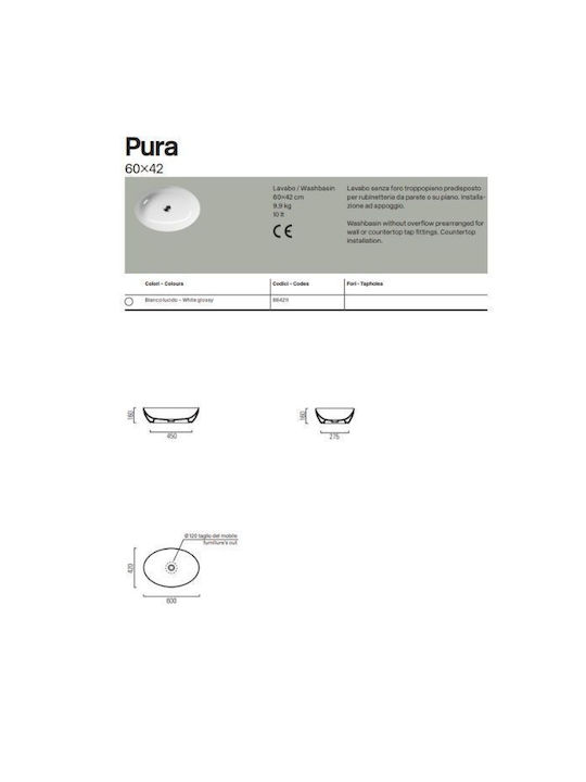 GSI Pura Countertop Sink Porcelain 60x42x16cm Chiaggio