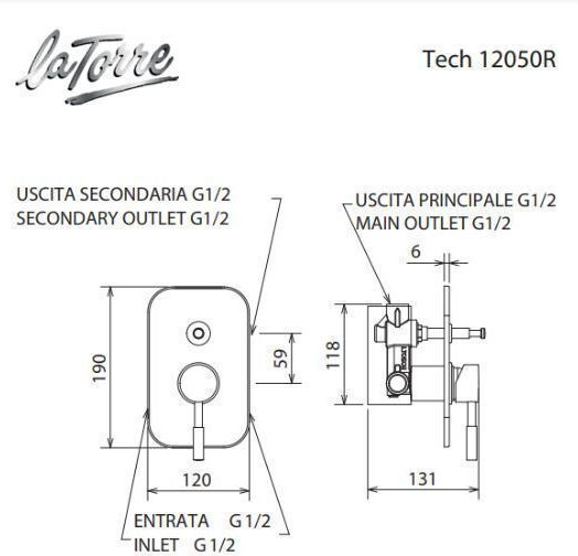 La Torre New Tech Μίκτης Μπαταρίας Εντοιχισμού για Ντουζιέρα 2 Εξόδων