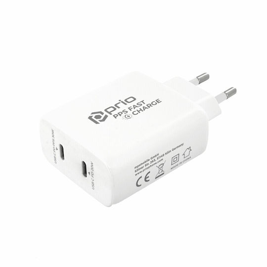 Prio Charger Without Cable with 2 USB-C Ports 30W Power Delivery Whites