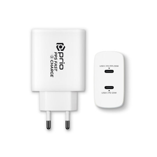 Prio Charger Without Cable with 2 USB-C Ports 30W Power Delivery Whites