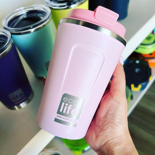 Ecolife Coffee Cup Glass Thermos Stainless Steel BPA Free 370ml Rose Pink with Mouthpiece