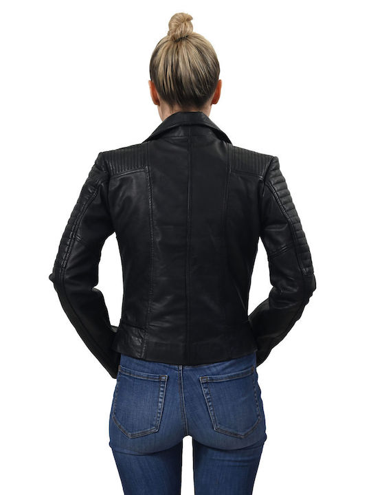 Leatherland Hellen Women's Short Biker Leather Jacket for Winter Black