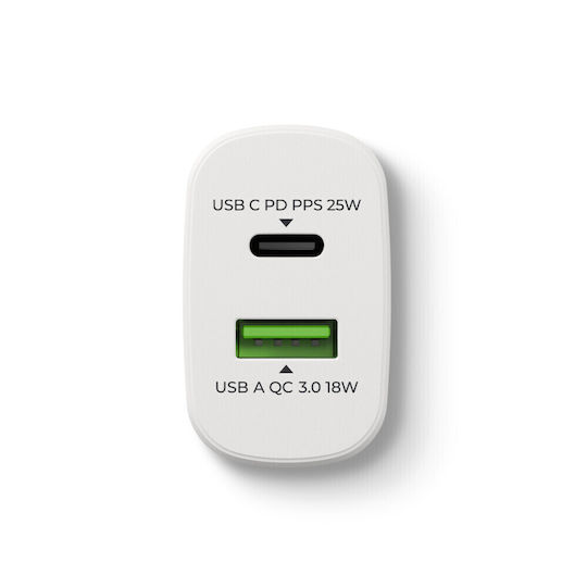 Prio Φορτιστής Χωρίς Καλώδιο με Θύρα USB-A και Θύρα USB-C 25W Quick Charge 3.0 Λευκός (001.30.004)