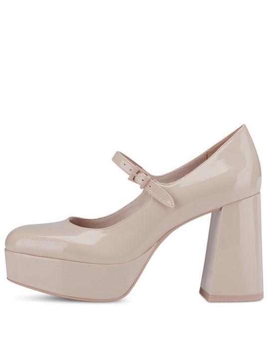 Tamaris Heel of Patent Leather with Strap & Chunky High Heel Beige