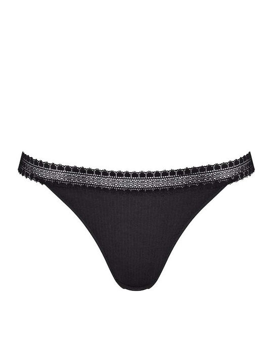 Go Ribbed H Tanga Βαμβακερά Femei Slip 2Pack cu Dantelă Negru/gri