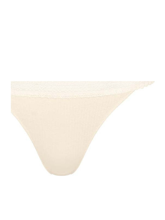 Go Ribbed H Tanga Βαμβακερά Femei Slip 2Pack cu Dantelă Bej
