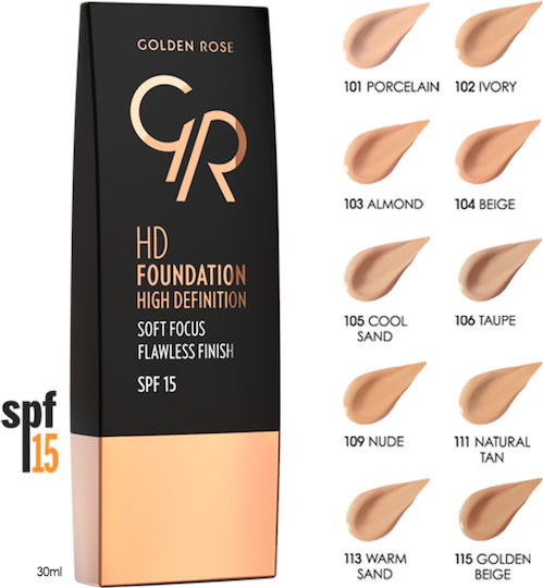 Golden Rose HD Foundation Flawless Finish Mov/alb SPF15 108 WARM BEIGE 30ml