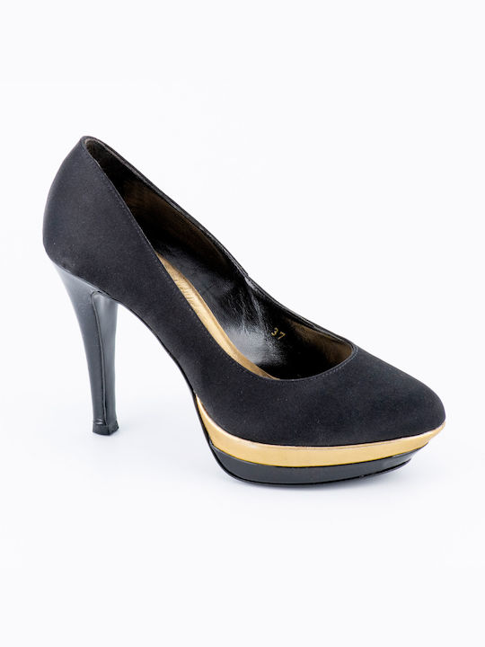 LISA KOSKERI SATIN BLACK PUMPS WITH BOTTLE TOP AND HIGH HEEL