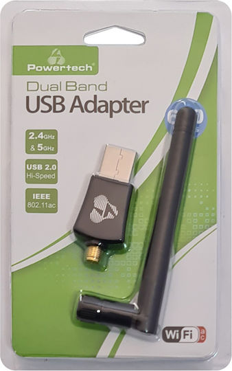 Powertech PT-1042 USB Netzwerkadapter mit Drahtloser Verbindung Wi-Fi 600Mbps und Abnehmbarer Antenne