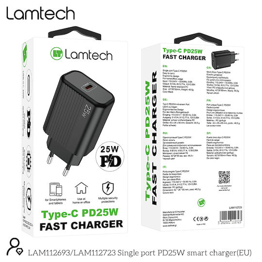 Lamtech Φορτιστής Χωρίς Καλώδιο με Θύρα USB-C 25W Power Delivery Μαύρος (LAM112723)