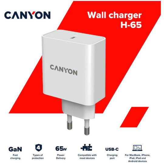 Canyon Φορτιστής Χωρίς Καλώδιο GaN με Θύρα USB-C 65W Λευκός (CND-CHA65W01)