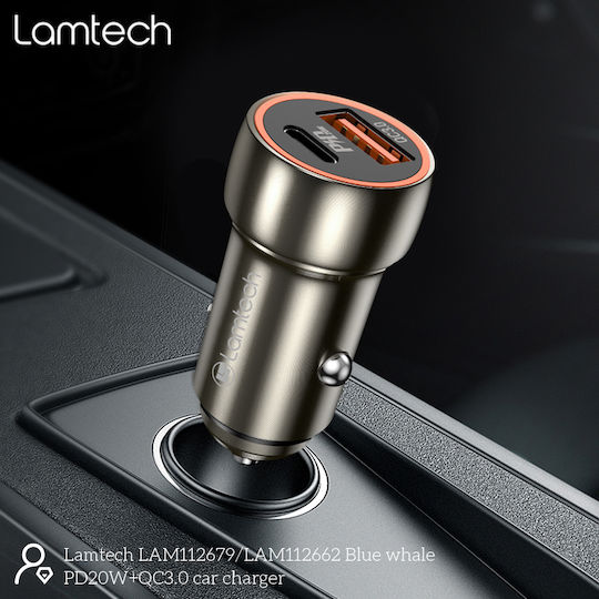 Lamtech Φορτιστής Αυτοκινήτου 20W Γρήγορης Φόρτισης με Θύρες: 1xUSB 1xType-C Γκρι