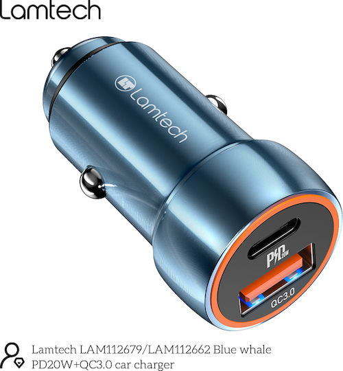 Lamtech Зарядно за кола 20W Бързо Зареждане с Портове: 1xUSB 1xType-C Син Цвят