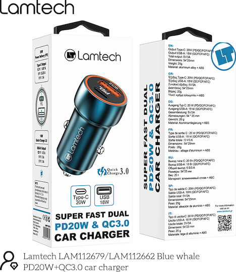 Lamtech Зарядно за кола 20W Бързо Зареждане с Портове: 1xUSB 1xType-C Син Цвят