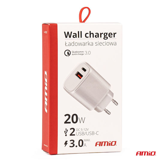 AMiO Încărcător Fără Cablu Cu Port USB-A și Port USB-C 20W Livrarea Energiei Quick Charge 3.0 Alb