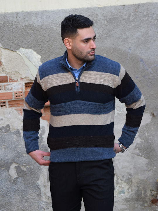 Men's woolen blouse with striped collar, blue-brown color (code GR198)