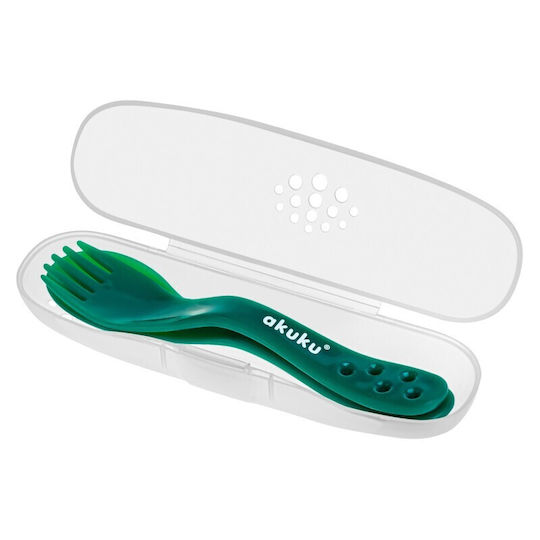Akuku Baby Set with Fork The Cutlery Set In Case Made of Plastic in Green Case 2 Pieces