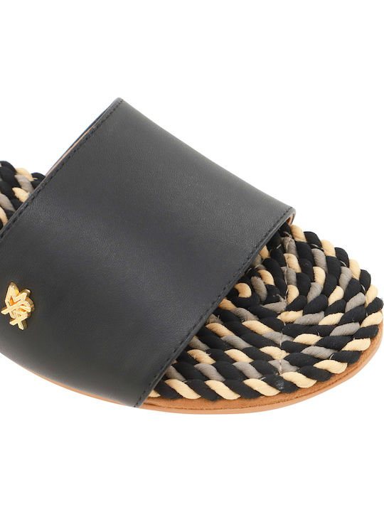Leather Women's Flat Sandals in Black Color