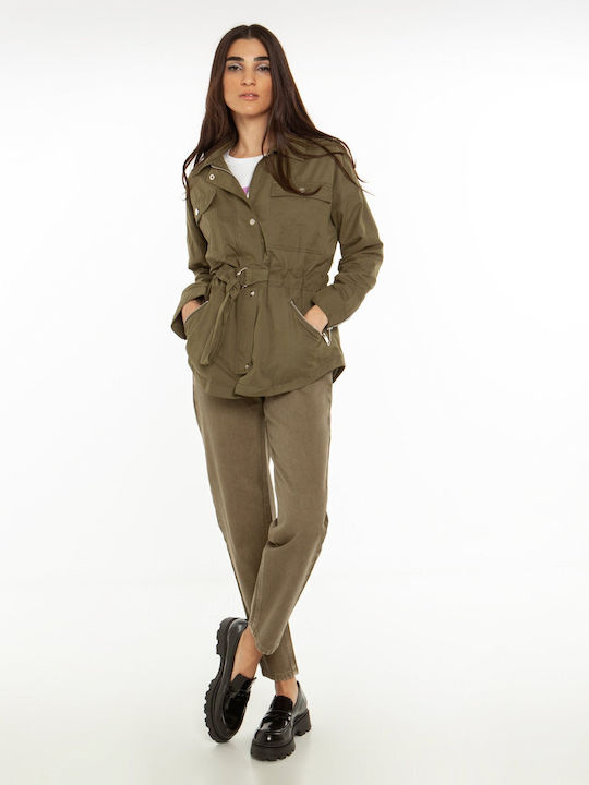 Women's Short Parka Jacket for Spring or Autumn Khaki