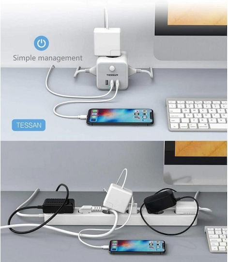 Tessan PowerCube 3 Θέσεων με 3 USB-A, Διακόπτη και Καλώδιο 1.5m Γκρι