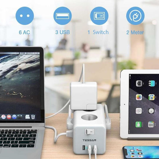 Tessan Bandă de alimentare 6 Prize cu 3 USB-A, Comutator și Cablu 2m Gri