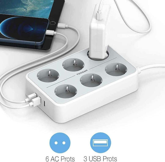 Tessan Πολύπριζο 6 Θέσεων με 3 USB-A, Διακόπτη και Καλώδιο 1.5m Γκρι
