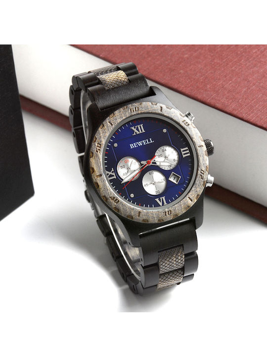 Bewell Cadmus Men's Watch 46mm Chronograph Battery with Black Wooden Bracelet