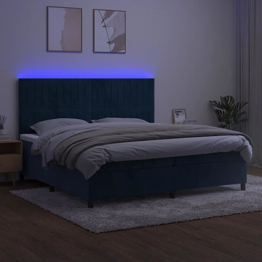 Bed King Size Upholstered with Fabric Dark Blue with Slats & Mattress 200x200cm