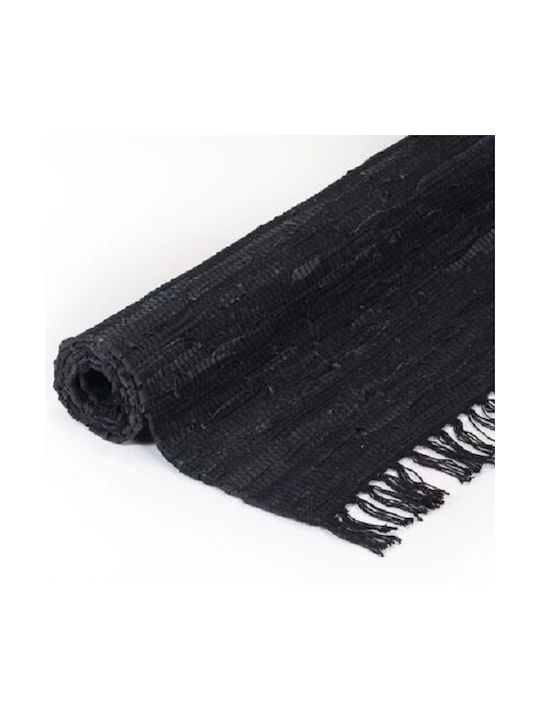 Sidirela Corridor Rug Leather for Fireplace with Fringes Μαύρο