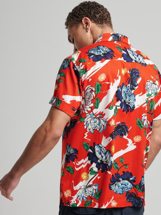 HAWAIIAN Short-sleeved Cotton Shirt Floral Orange