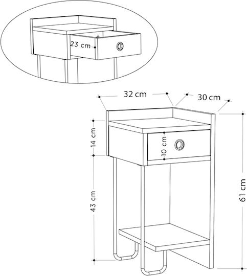 Sirius Wooden Bedside Table with Metallic Legs White 32x30x61cm