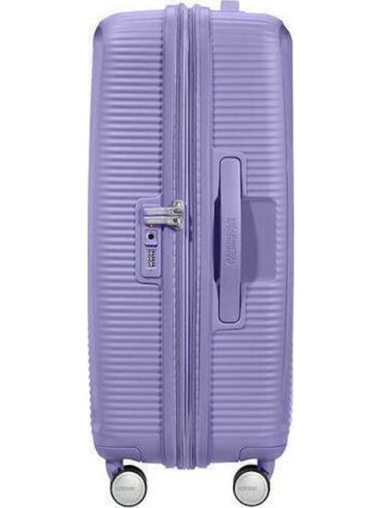 American Tourister Soundbox Spinner Expandable Medium Hard Purple Suitcase With 4 Wheels Height 67cm