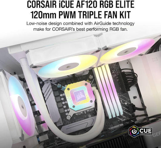 Corsair AF120 Elite Gehäuselüfter mit RGB Beleuchtung und Verbindung 4-Pin PWM 3Stück Weiß