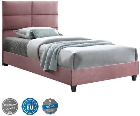 Milo Single Bed Upholstered with Velvet Pink for Mattress 90x200cm