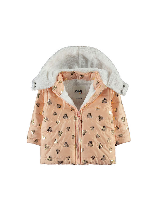 Baby jacket with hood and salmon lined 'hearts' for girls (6-24 months)