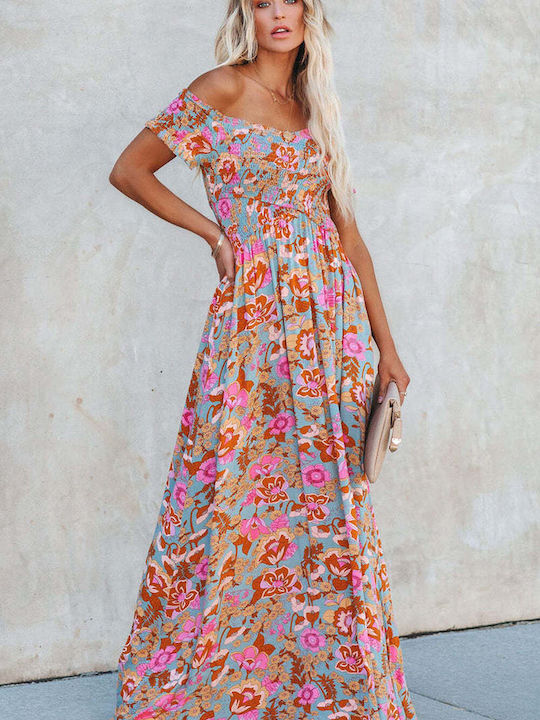 light blue floral maxi dress with open shoulders KATHLYN Sky BLUE