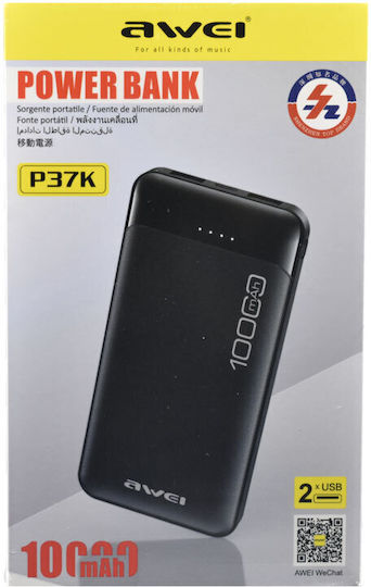 Awei P37K Power Bank 10000mAh with 2 USB-A Ports and USB-C Port Black