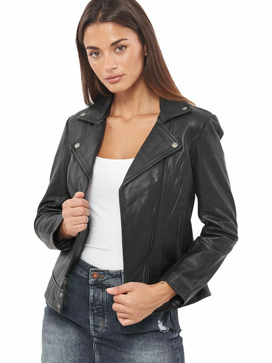 Athina Δερμάτινο Γυναικείο Biker Jacket Μαύρο