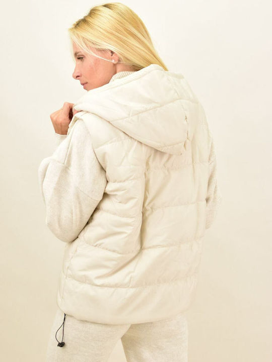 Potre Women's Short Puffer Jacket for Winter with Hood Beige