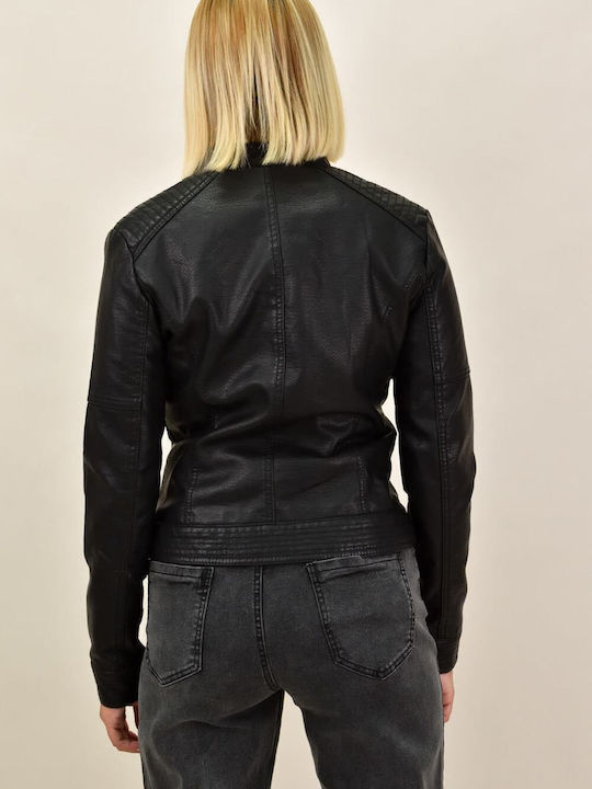 Potre Women's Short Biker Artificial Leather Jacket for Winter Black