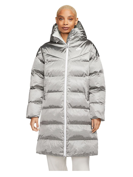 Therma Fit City Μακρύ Γυναικείο Puffer Μπουφάν για Χειμώνα Ασημί