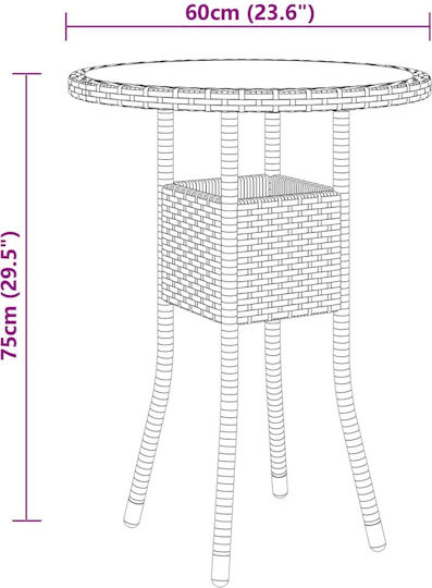 Outdoor Dinner Free Standing Table with Glass Surface and Rattan Frame Black 60x60x75cm