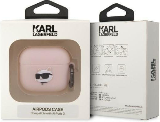 Karl Lagerfeld Choupette Head 3D Silicone Case with Keychain Pink for Apple AirPods 3
