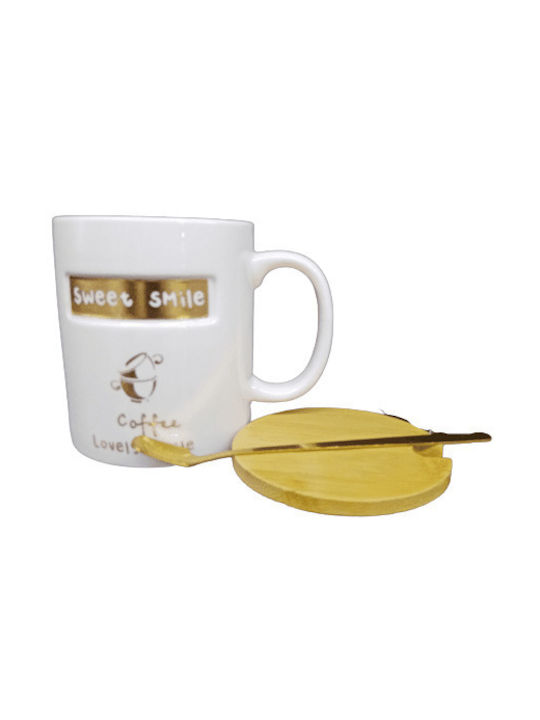 Coffee Lovely Smile Ceramic Cup with Lid White 330ml