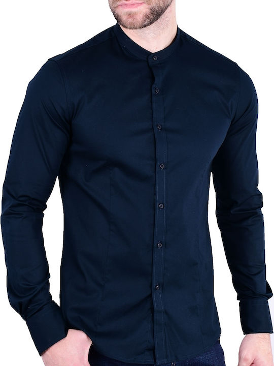 Herren Mao Kragen Hemd Blau Blau